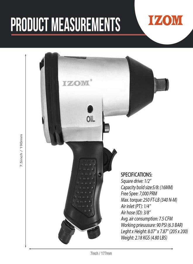IZOM IZ-5040B 1/2" Impact Wrench, Torque 340 Nm Air Powered 7000Fixed Square RPM Rocking Dog 90 PSI with Front Exhaust for Tire Changing & Workshop Applications - Image 2